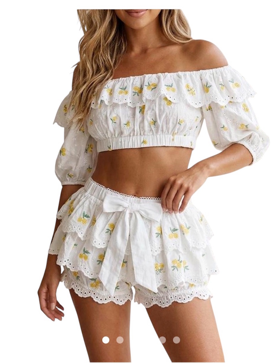 For Love & Lemons White Off-Shoulder Lemon Embroidered Crop Top & Shorts Set